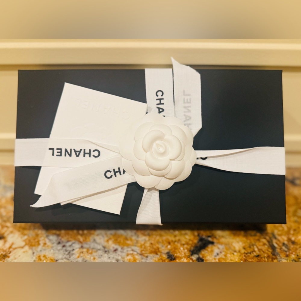 Auth. New Chanel Black Box with White Camellia, Ribbon and Receipt holder